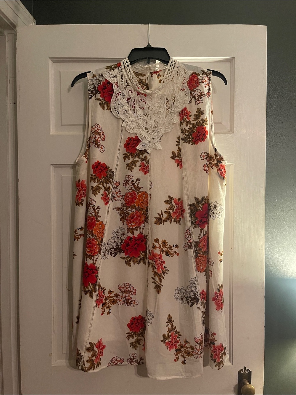 Umgee Ivory Floral Sleeveless Dress with Crochet Yoke